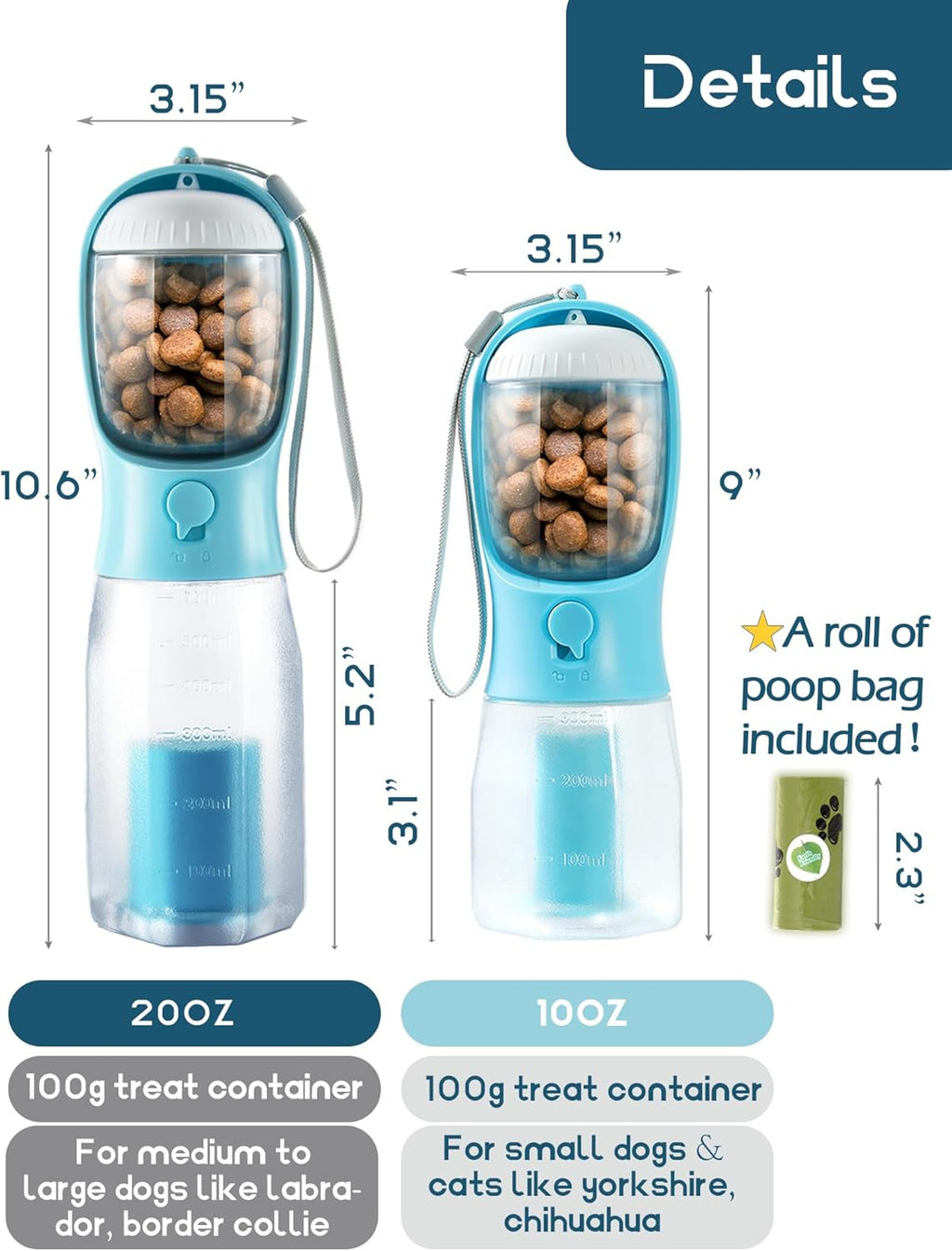 Portable Water Bottle for Dogs, 3 in 1 Pet Travel Bowl Dispenser with Food Treat Container & Poop Bag Holder, Summer Outdoor Walking Hiking Accessories for Large Dog on the Go - Blue, 20Oz