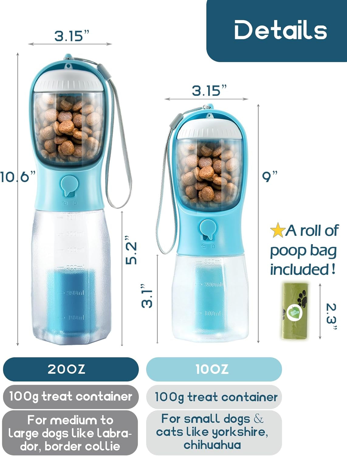 Portable Water Bottle for Dogs, 3 in 1 Pet Travel Bowl Dispenser with Food Treat Container & Poop Bag Holder, Summer Outdoor Walking Hiking Accessories for Large Dog on the Go - Blue, 20Oz